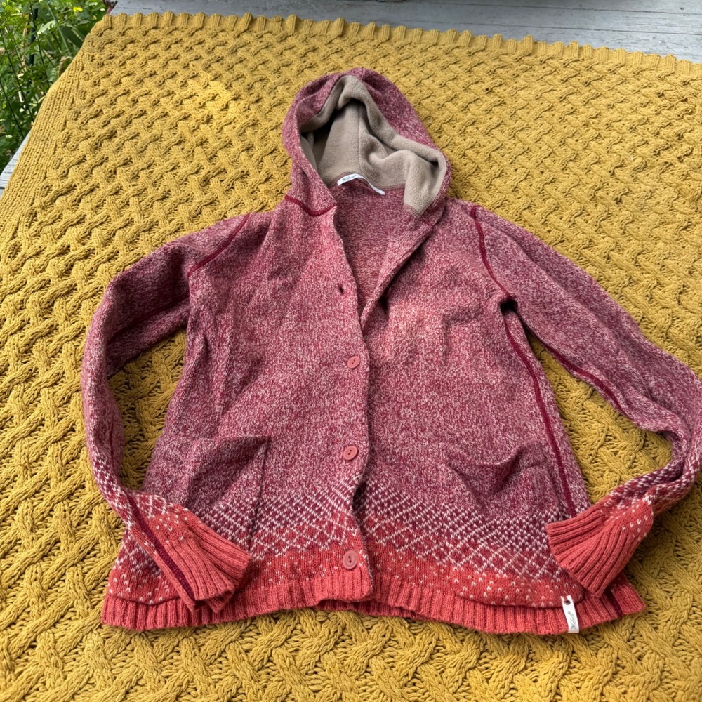 Woolrich Womens Red Marled Fair Isle Hooded Button Cardigan Sweater Scandi Small